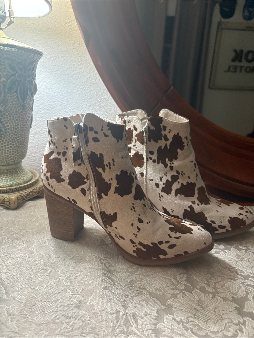 Altar'd State Cream and Brown Cow Print Block Heel Booties